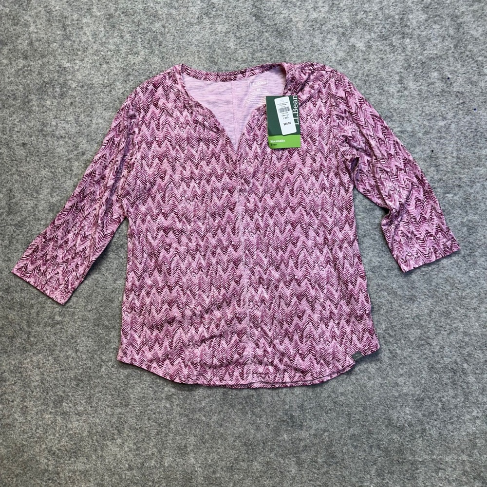 LL Bean Streamside Tee Womens Large Rose Mist Herringbone 3/4 Sleeve NWT
